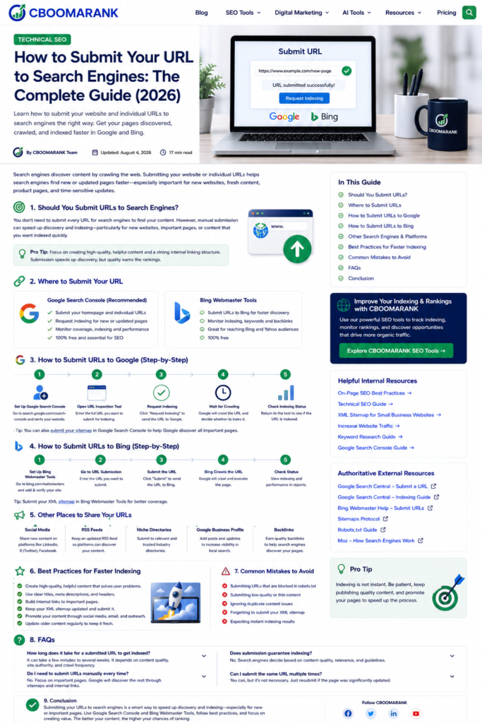 Laptop showing a successful URL submission to Google and Bing search tools.