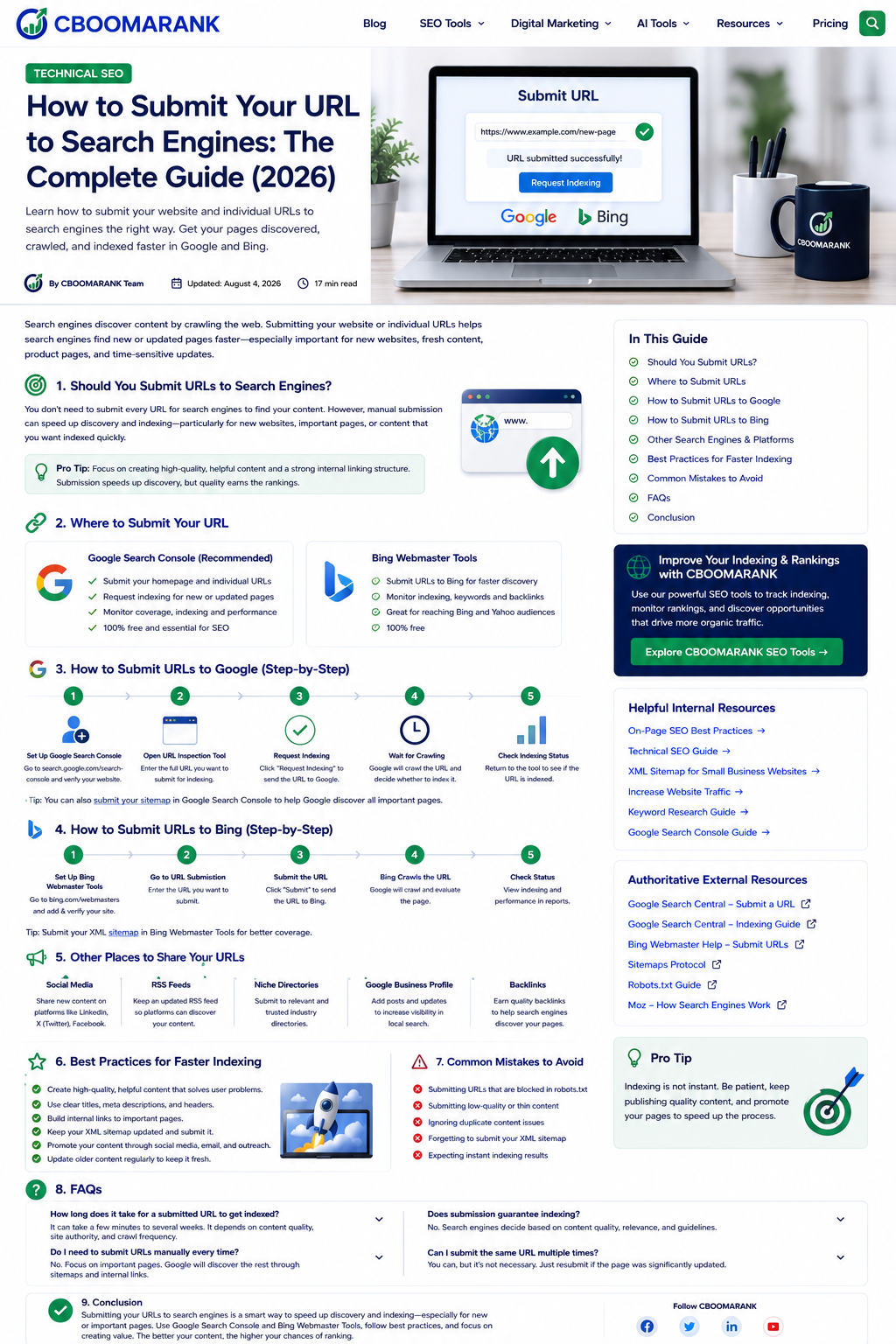 Laptop showing a successful URL submission to Google and Bing search tools.