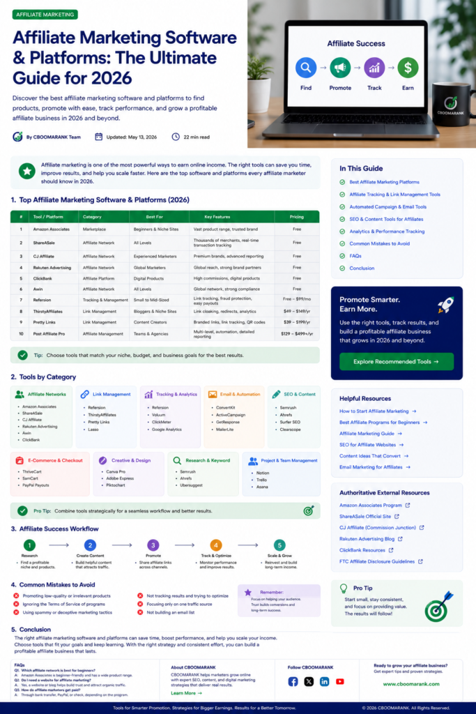 Affiliate marketing workflow from partner recruitment and promotion to tracking, payout and optimization.
