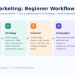 AI marketing workflow showing data, strategy, content creation, campaign automation, and measurement steps for beginners