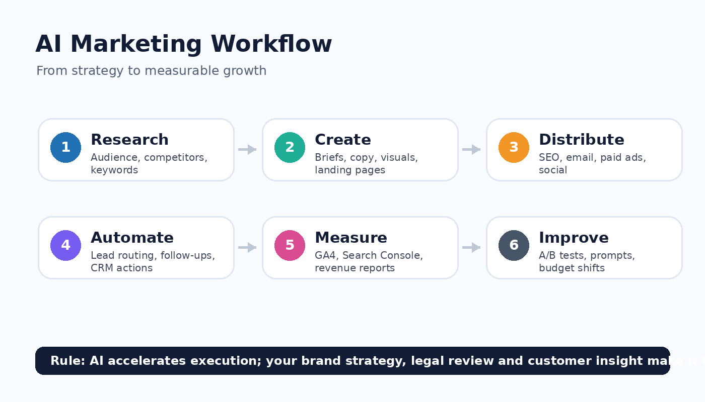 AI marketing workflow from strategy and content creation to distribution, automation, analytics and optimization.