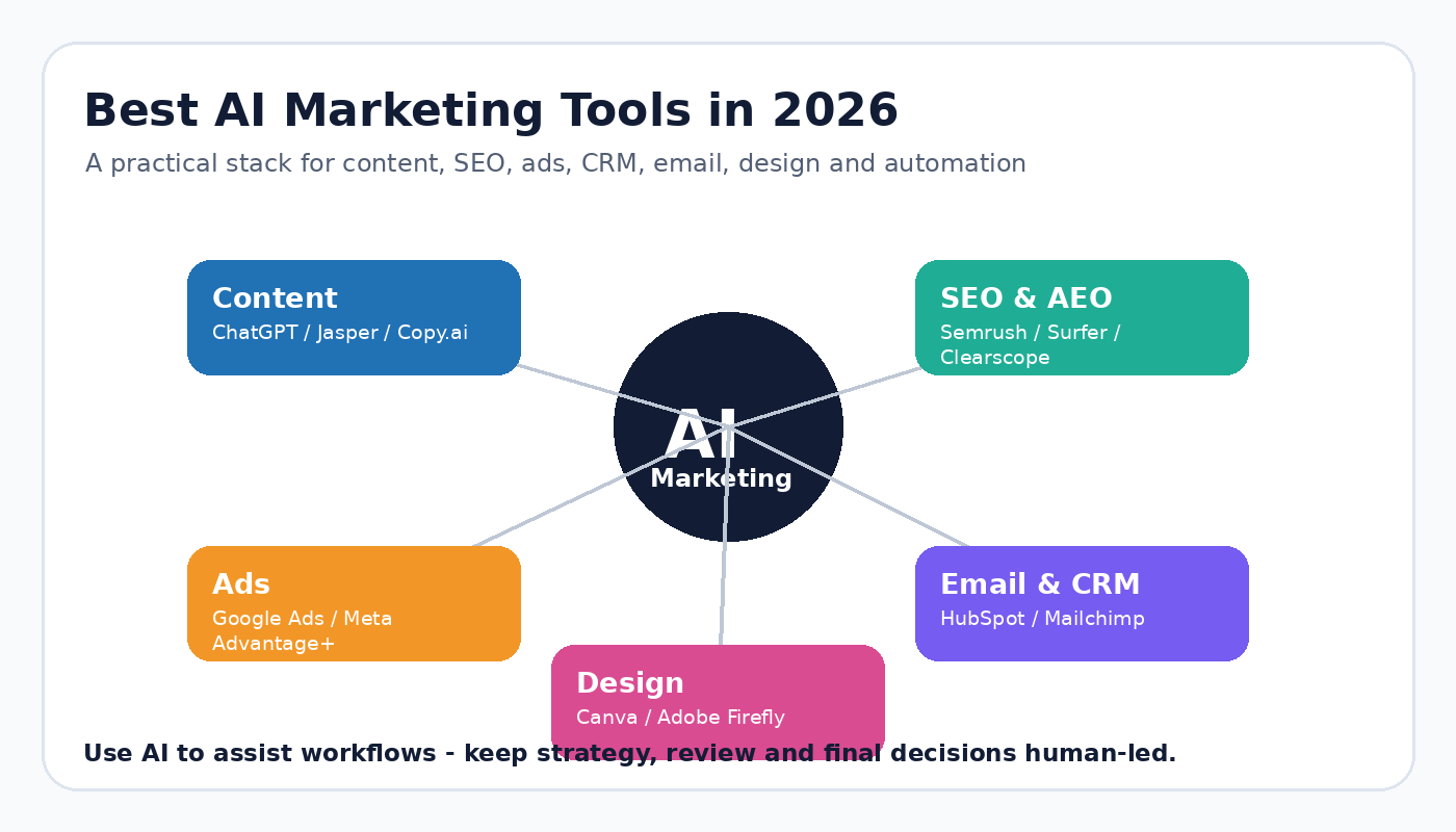 AI marketing tool stack for content, SEO, ads, email, CRM, design and automation.