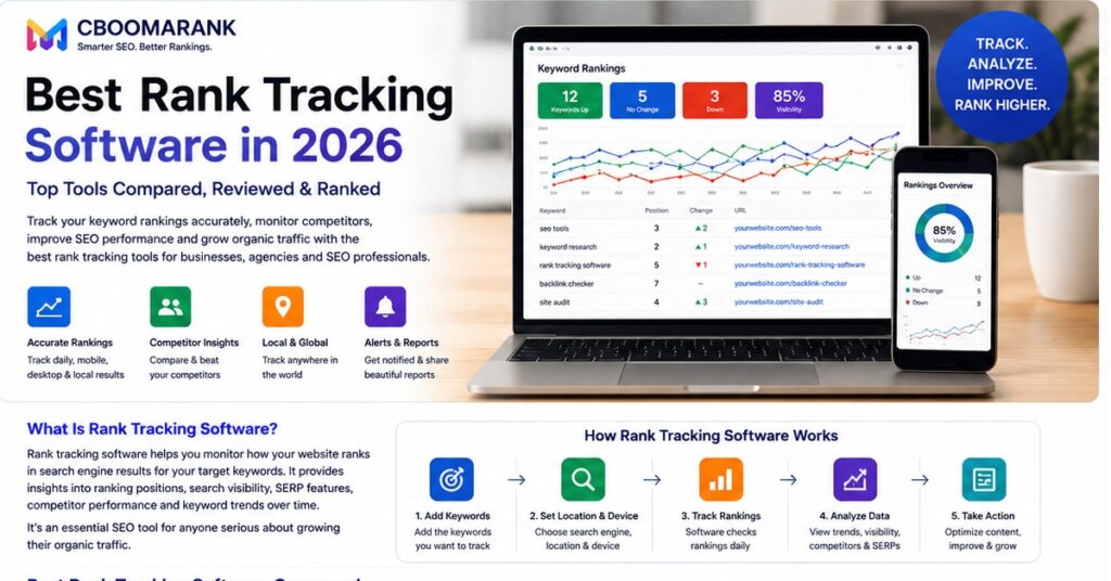 Best rank tracking software in 2026 comparison showing keyword rankings, visibility, competitor insights and rank tracking workflow.