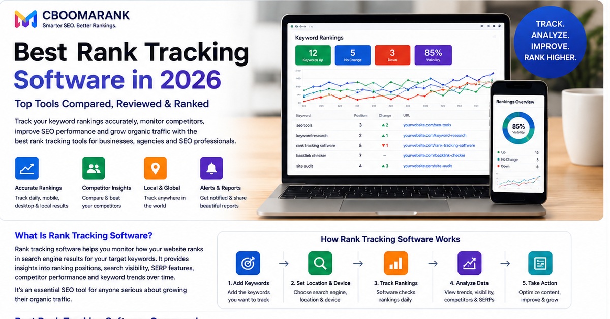 Best rank tracking software in 2026 comparison showing keyword rankings, visibility, competitor insights and rank tracking workflow.