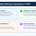 Infographic comparing SEO audit software categories for all-in-one suites, technical crawlers, enterprise platforms, and free SEO tools.