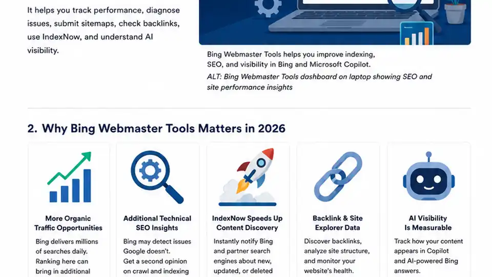 Bing Webmaster Tools search performance dashboard with impressions clicks keywords backlinks and AI visibility data
