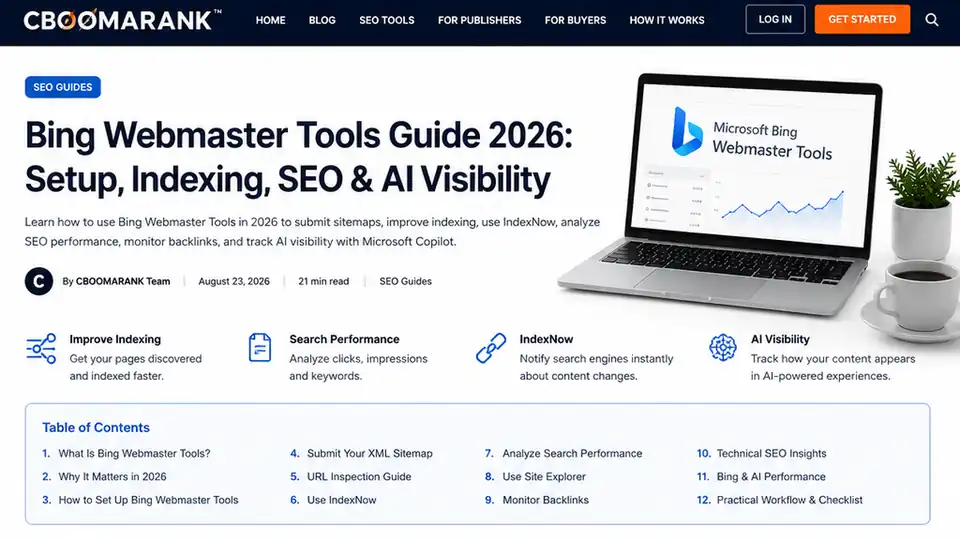 Bing Webmaster Tools guide 2026 showing search performance, indexing, sitemap and SEO analytics