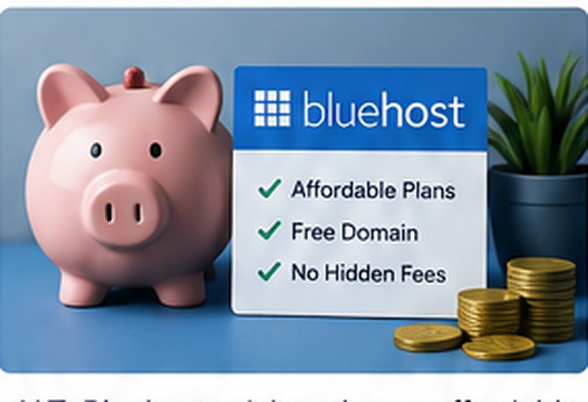 Bluehost pricing and value illustration with a savings piggy bank, free domain benefit, and affordable hosting plans