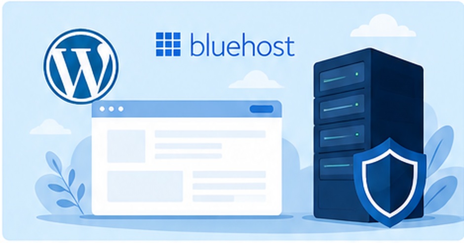 Bluehost WordPress hosting illustration showing a website, server infrastructure, and security protection