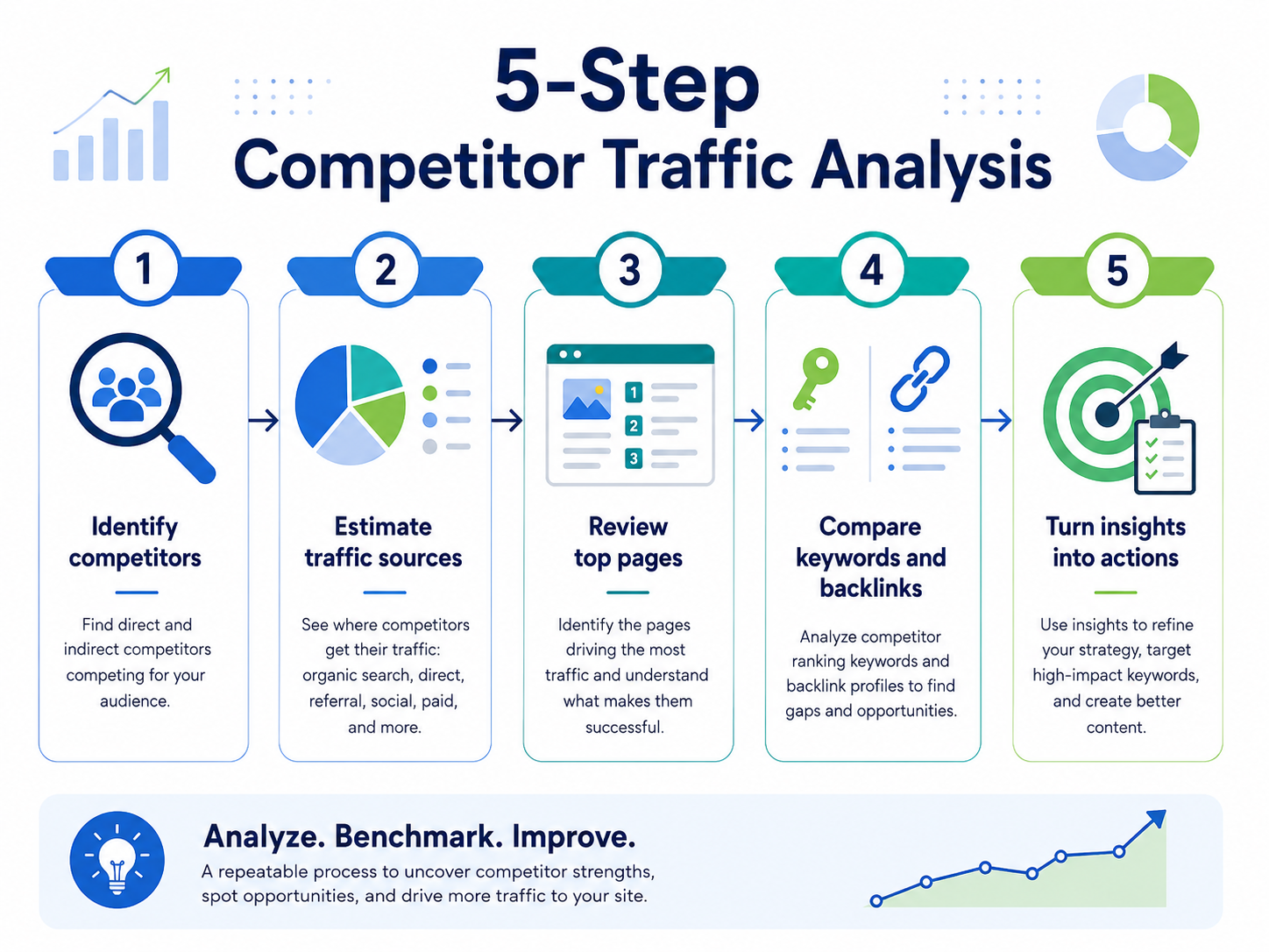 Five-step process for competitor traffic analysis from identifying competitors to taking action.