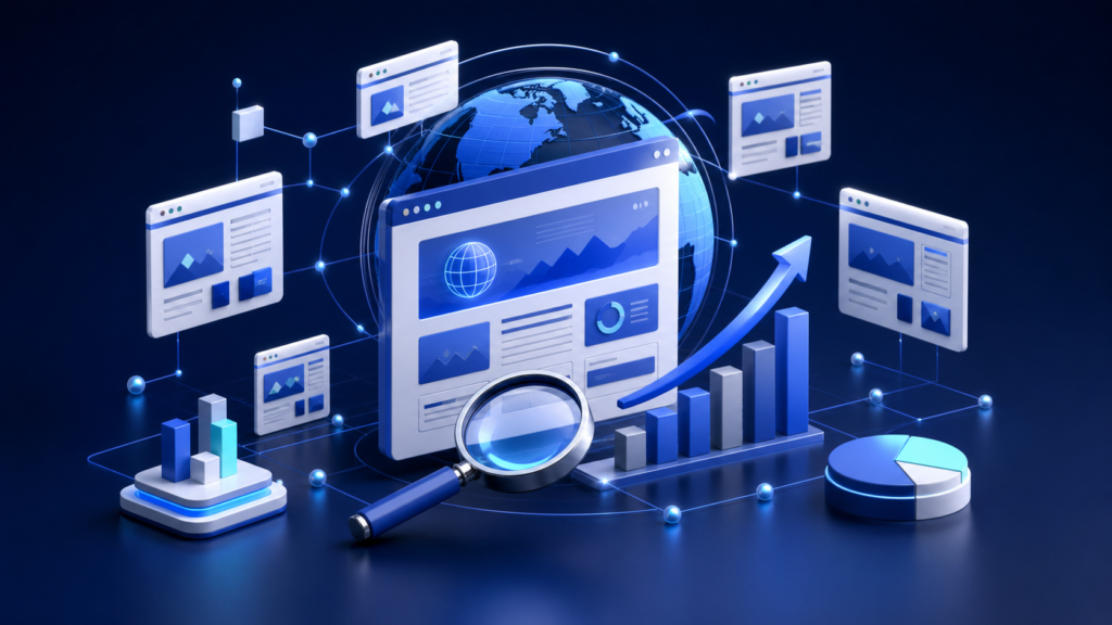 Enterprise SEO illustration showing a global website ecosystem, scalable analytics, and organic search growth