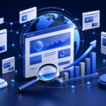 Enterprise SEO illustration showing a global website ecosystem, scalable analytics, and organic search growth
