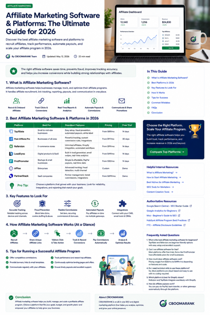 Affiliate marketing software dashboard showing clicks, conversions, revenue and partner performance.