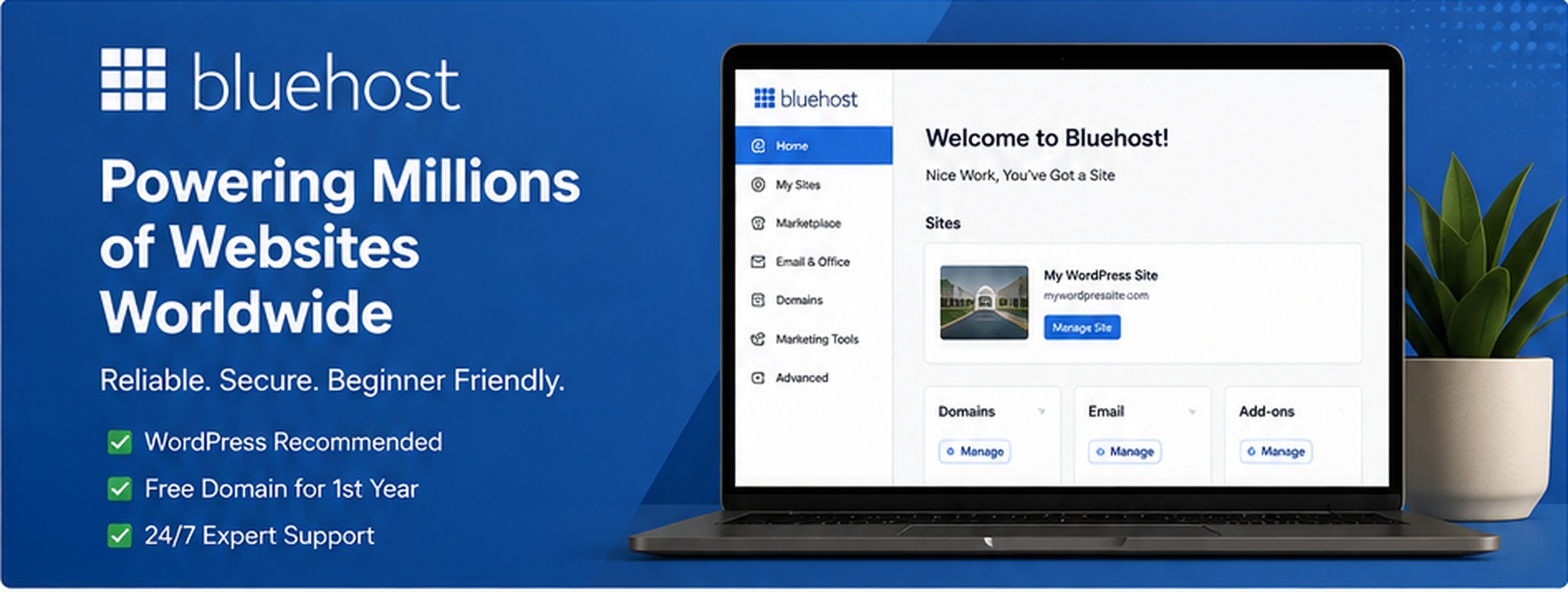 Bluehost Review 2026 featured image showing the Bluehost hosting dashboard and beginner-friendly WordPress hosting features