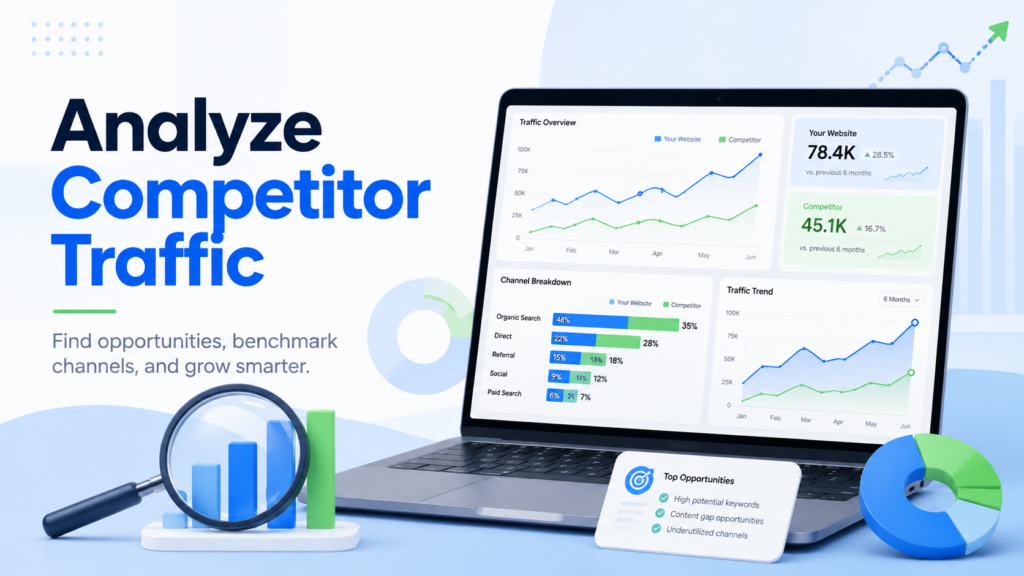 Dashboard illustration showing how to analyze competitor website traffic across channels and growth trends.