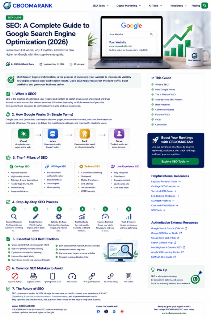 Google SEO guide showing a website ranking in search results with rising organic traffic.