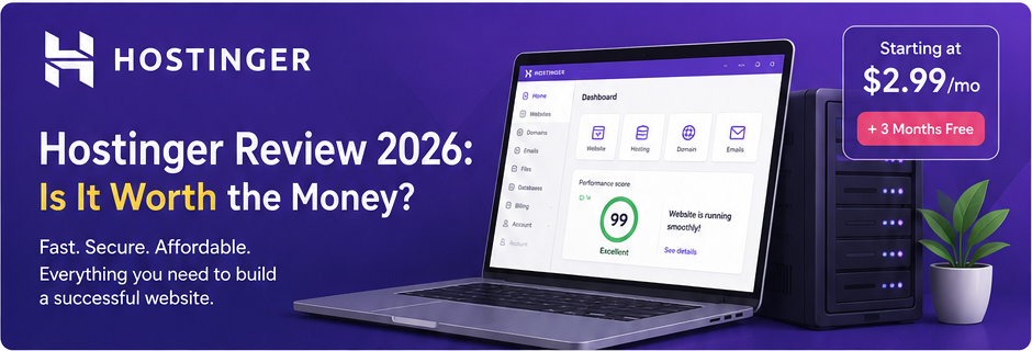 Hostinger Review 2026 featured image showing affordable web hosting, hPanel dashboard, and server infrastructure