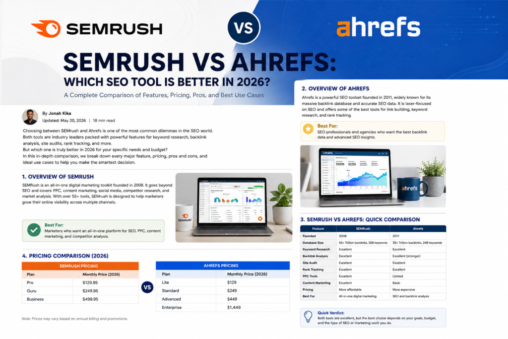 Semrush vs Ahrefs comparison showing both SEO platforms, pricing, features, and best use cases in 2026.