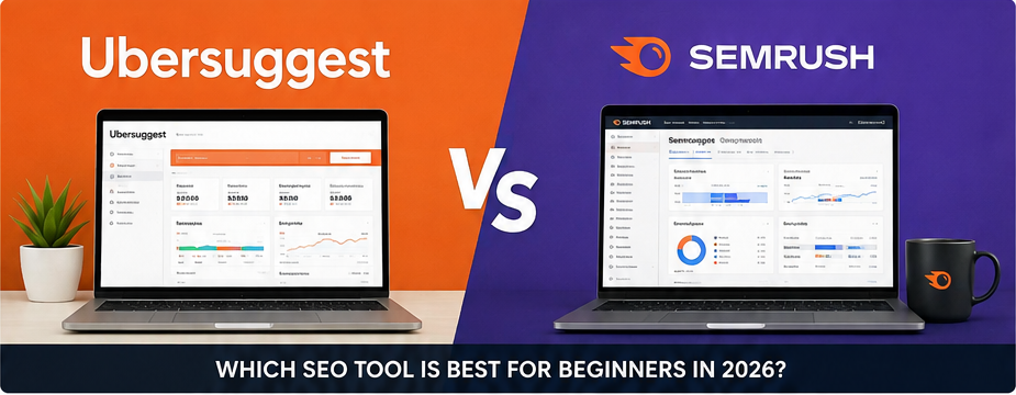Ubersuggest vs Semrush comparison for beginners in 2026 with both SEO platforms shown side by side