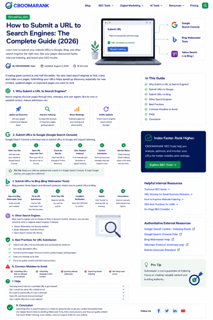 Step-by-step workflow for submitting URLs through Google Search Console and Bing Webmaster Tools.