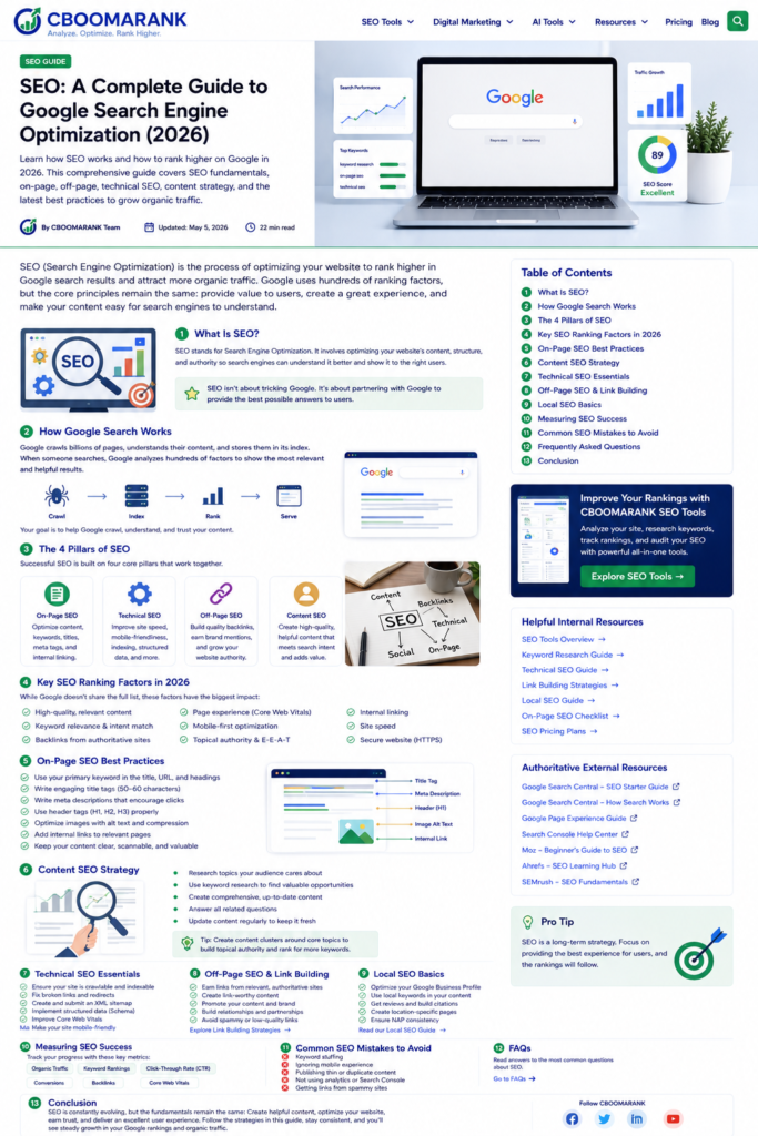 Infographic explaining the main SEO pillars and step-by-step optimization workflow.
