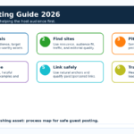 Guest posting process infographic showing the six steps to earn editorial backlinks in 2026.