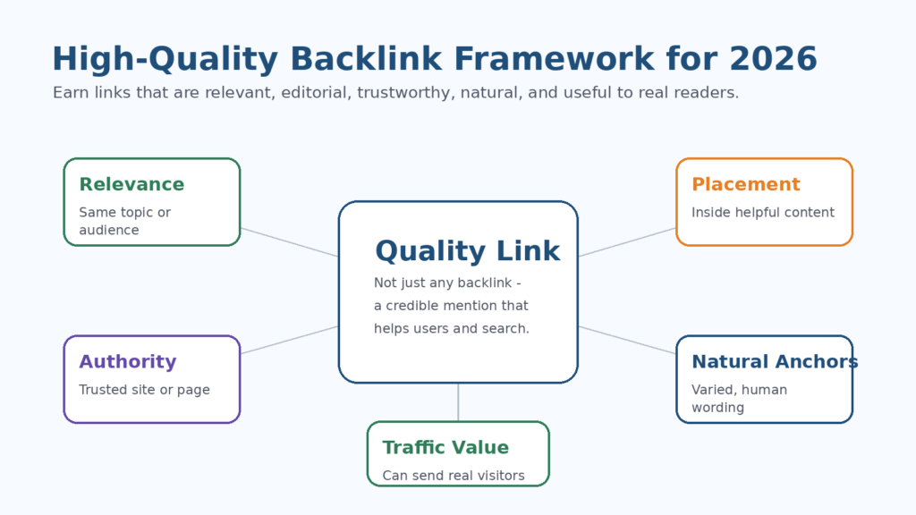 Infographic explaining the five-part high-quality backlink framework for 2026: relevance, authority, placement, natural anchors, and traffic value.