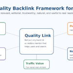 Infographic explaining the five-part high-quality backlink framework for 2026: relevance, authority, placement, natural anchors, and traffic value.