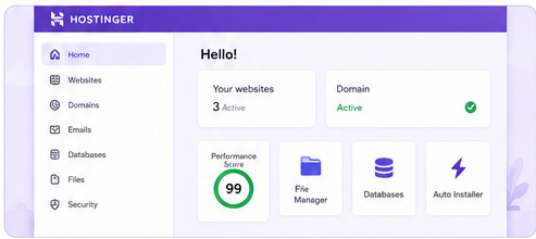 Hostinger hPanel dashboard showing website management, performance, domain, file, database, and WordPress tools