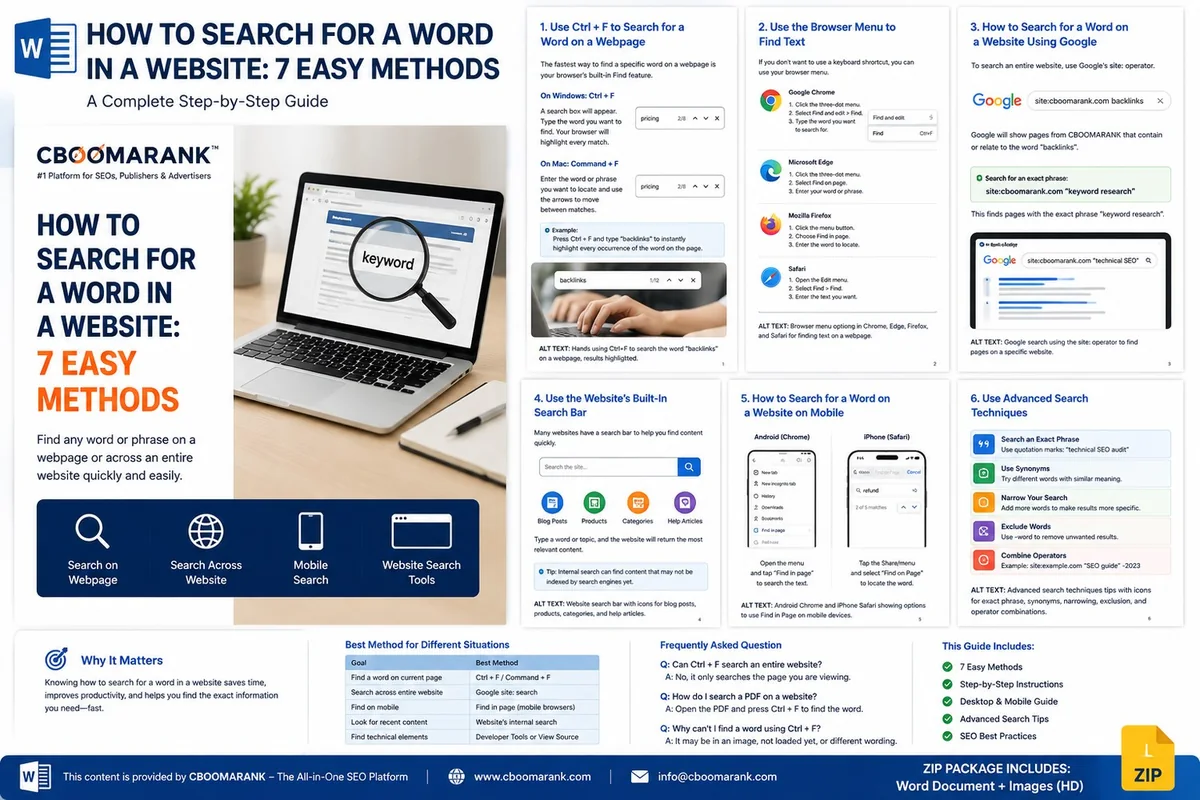 How to search for a word in a website using browser find, site search and mobile tools