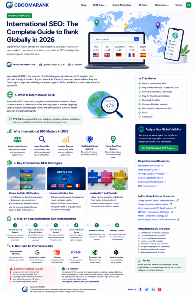 International SEO dashboard showing global traffic, country targeting, languages and regional search performance.