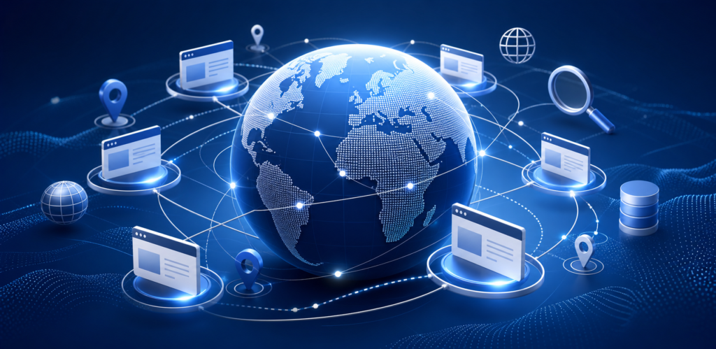 International SEO illustration showing global website targeting and connected markets