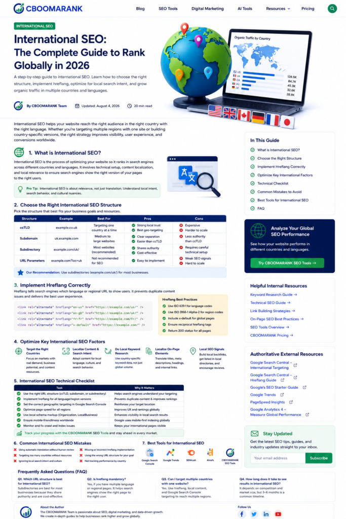 International SEO implementation guide covering URL structure, hreflang, localization, technical checks and global measurement.