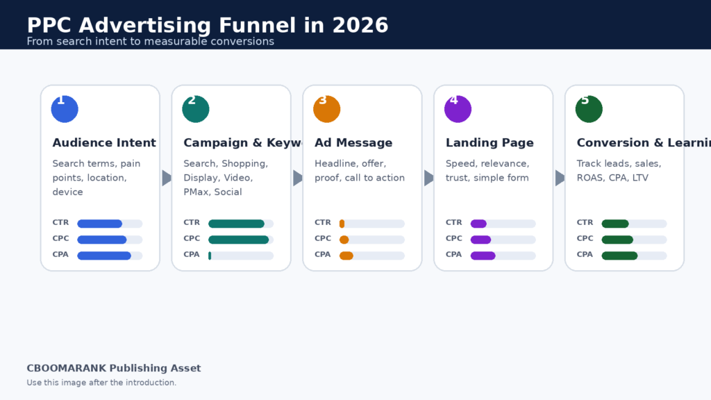 PPC advertising funnel showing audience intent, campaign keywords, ad message, landing page, and conversion learning stages.