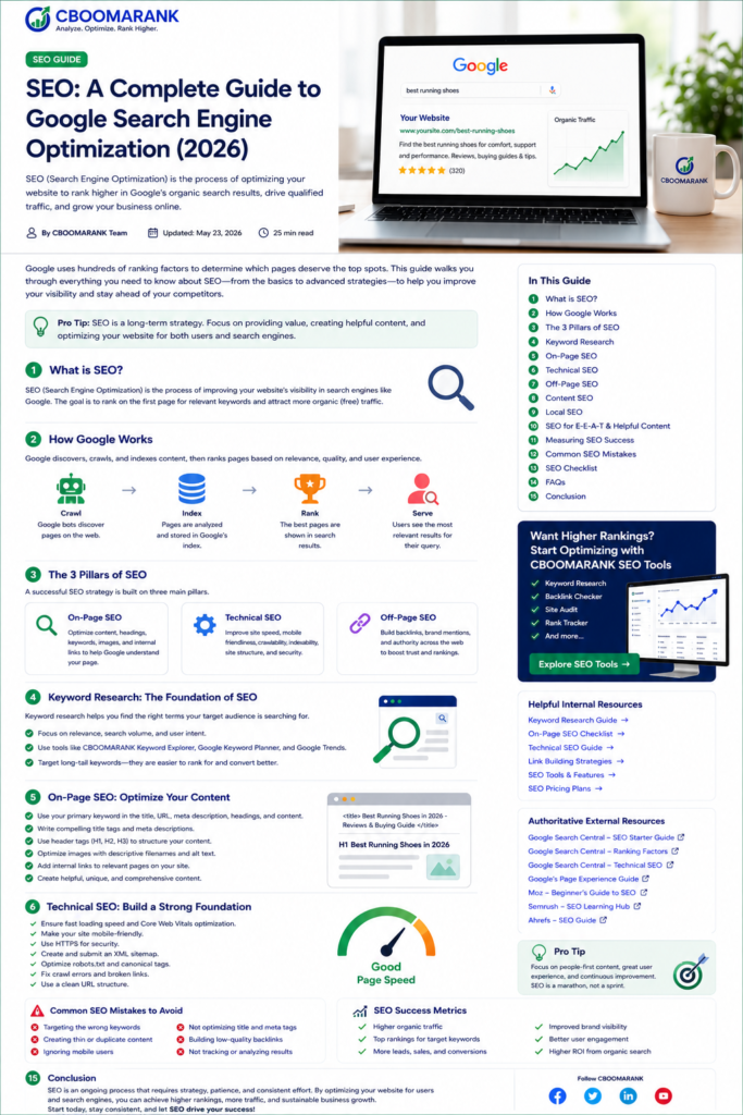SEO checklist showing on-page, technical, off-page, content and performance metrics.