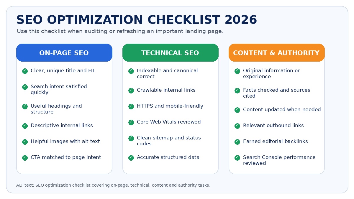 SEO optimization checklist covering on-page SEO, technical SEO, content quality, authority and performance monitoring
