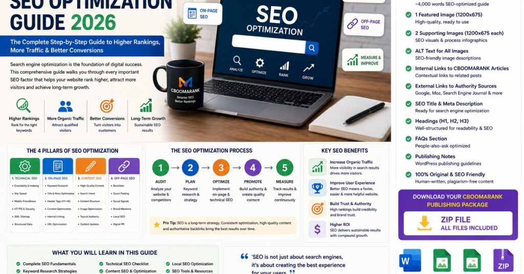 SEO Optimization Guide 2026 with CBOOMARANK SEO dashboard, optimization pillars and growth visuals