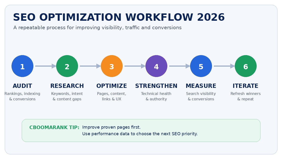 SEO optimization workflow from audit and research through optimization, authority building, measurement and iteration