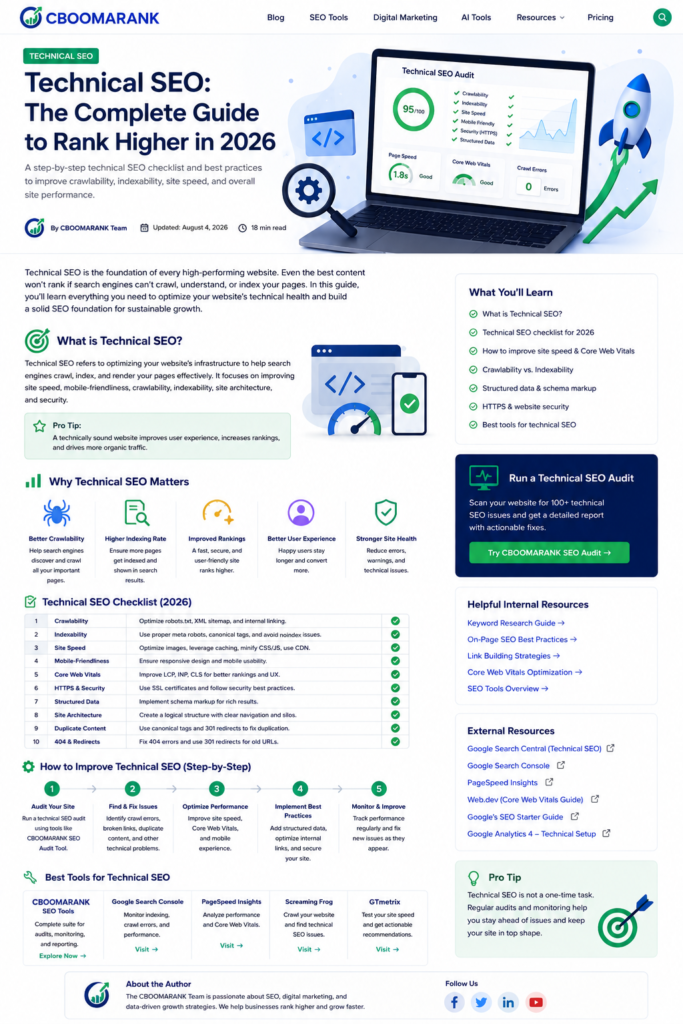 Technical SEO audit dashboard showing crawlability, indexability, site speed, mobile usability, HTTPS security and structured data.