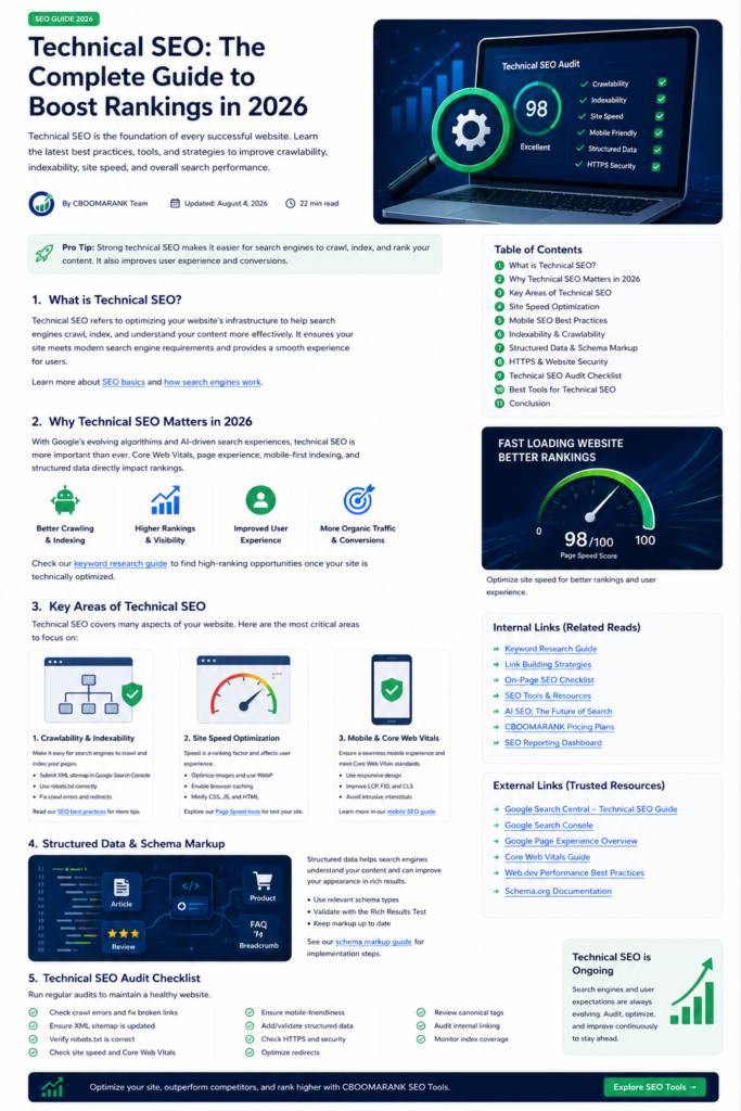 Technical SEO audit framework with Core Web Vitals, schema markup, internal resources and trusted external references.