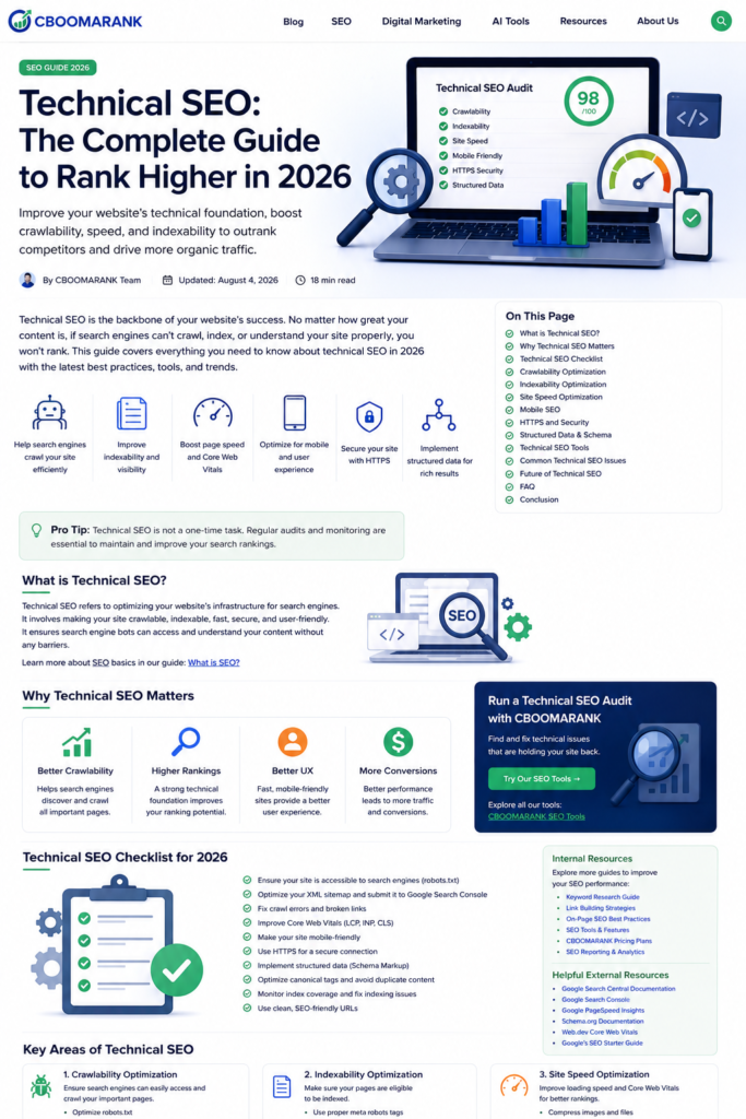 Technical SEO checklist covering crawling, indexing, site speed, mobile SEO, security, structured data and internal linking.