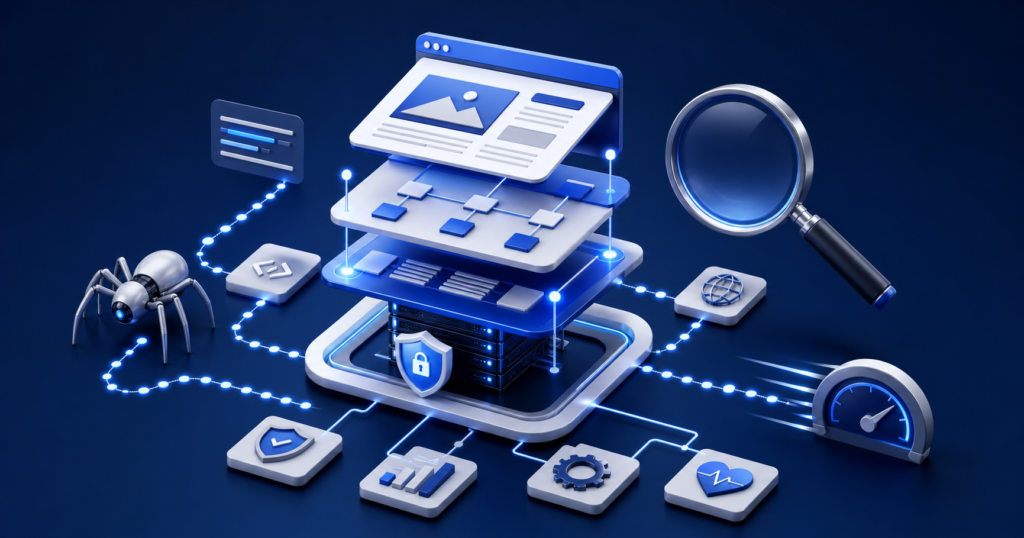 Technical SEO illustration showing website crawlability, indexing, security, and performance