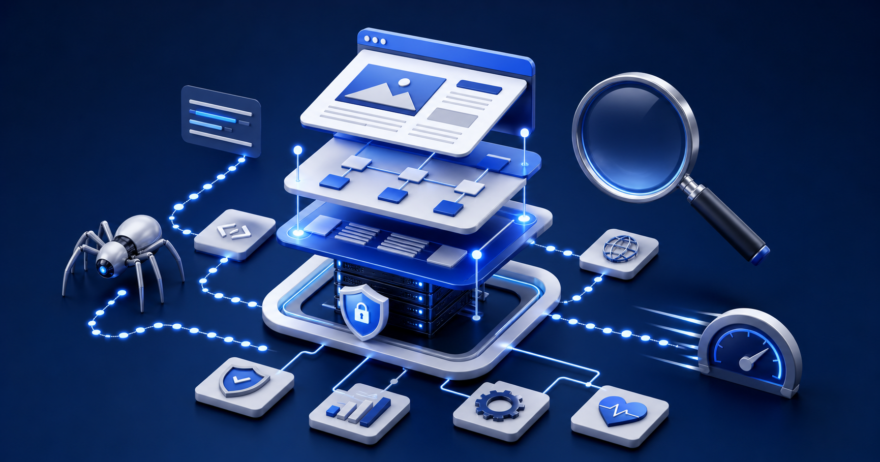 Technical SEO illustration showing website crawlability, indexing, security, and performance