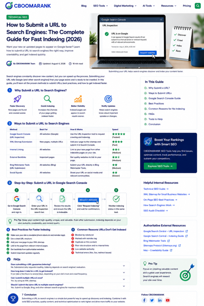 Comparison of URL discovery methods including inspection tools, sitemaps, internal links and IndexNow.