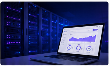 Web hosting performance monitoring dashboard in a data center showing website analytics and server infrastructure