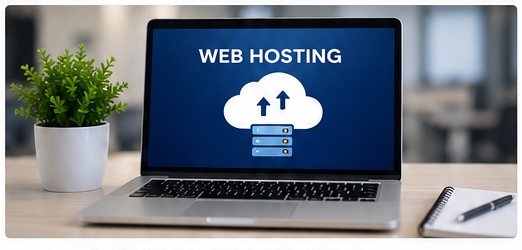 Laptop displaying a web hosting interface representing key factors such as speed, uptime, security, support, and value