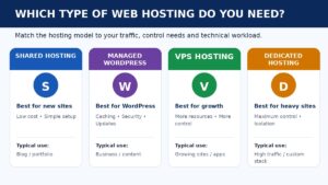 Shared hosting vs managed WordPress vs VPS vs dedicated hosting comparison for choosing a website hosting plan
