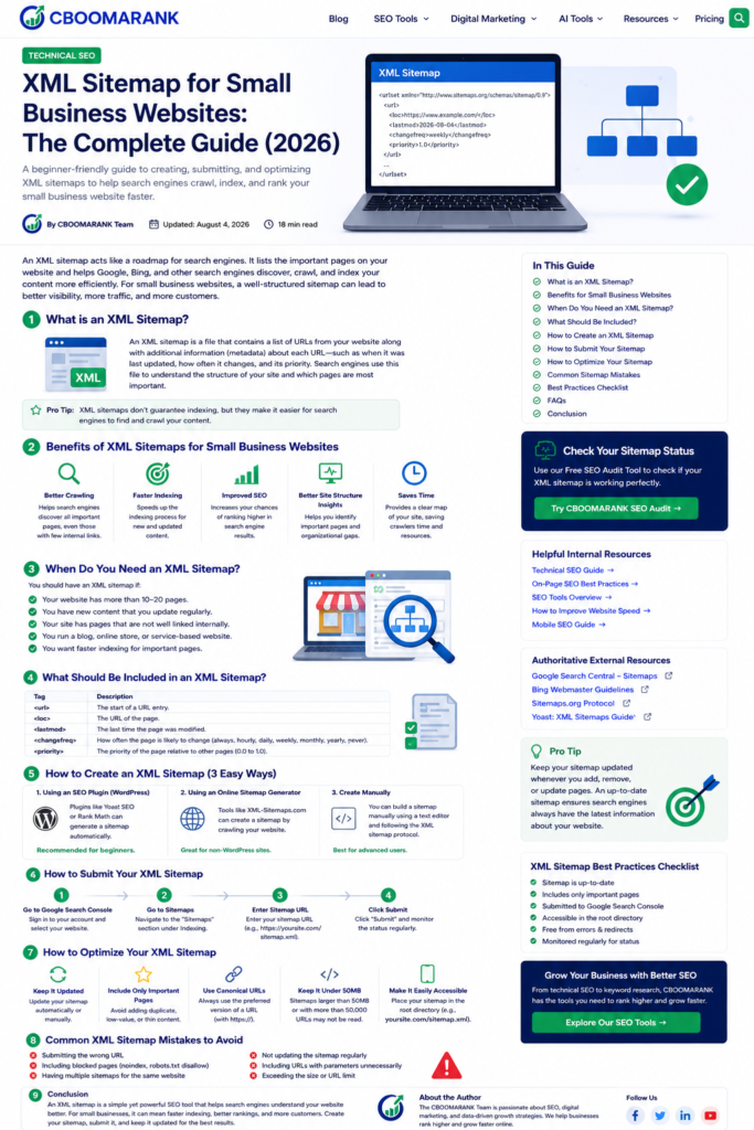 XML sitemap optimization checklist covering canonical URLs, last modified dates, Search Console submission, and common errors.