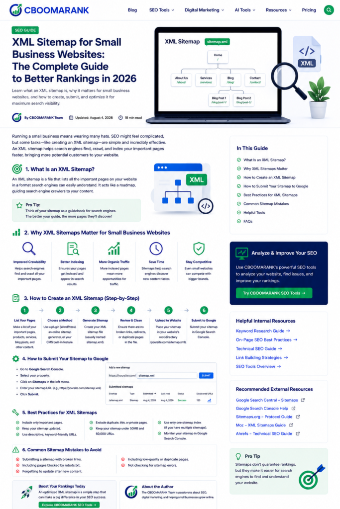Step-by-step process for creating and submitting an XML sitemap for a small business website.