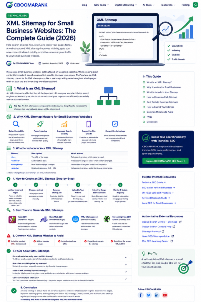 XML sitemap dashboard showing a small business website structure, crawlability, indexing, and search visibility growth.